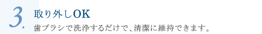 取り外しOK 歯ブラシで洗浄するだけで、清潔に維持できます。